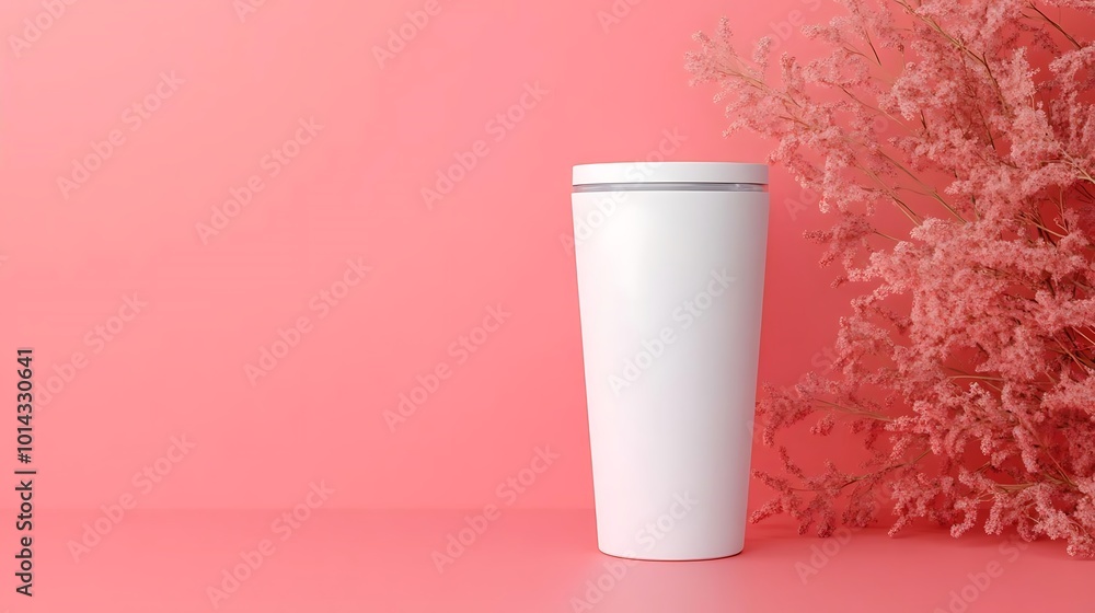 White Tumbler Mockup on Pink Background with Flowers White Tumbler Mockup on Pink Background with Flowers