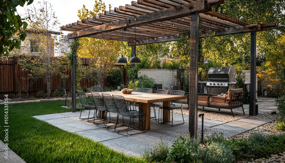Blended rustic-modern patio with an aged wood pergola and industrial furnishings. Blended rustic-modern patio with an aged wood pergola and industrial furnishings.