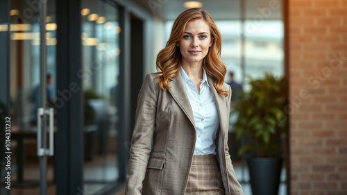 Businesswoman smiling in modern office building