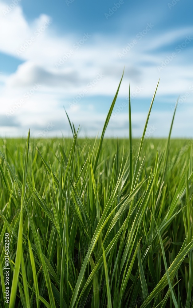 Lush green grass blades swaying gently in the breeze, against a blue sky. Lush green grass blades swaying gently in the breeze, against a blue sky.