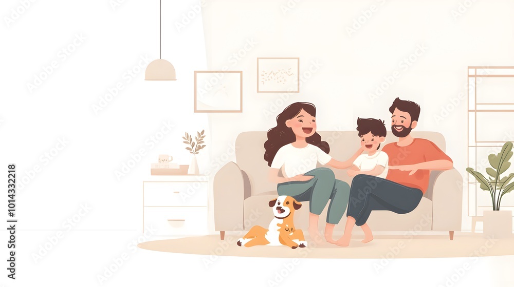 A Happy Family Relaxing on a Couch with Their Dog A Happy Family Relaxing on a Couch with Their Dog
