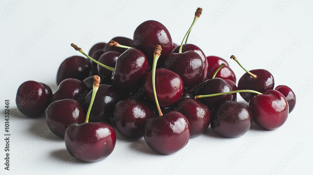 A pile of freshly picked cherries, some with stems A pile of freshly picked cherries, some with stems