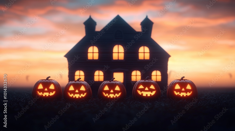 Halloween Jack O Lanterns with Haunted House Silhouette and Sunset Sky Halloween Jack O Lanterns with Haunted House Silhouette and Sunset Sky