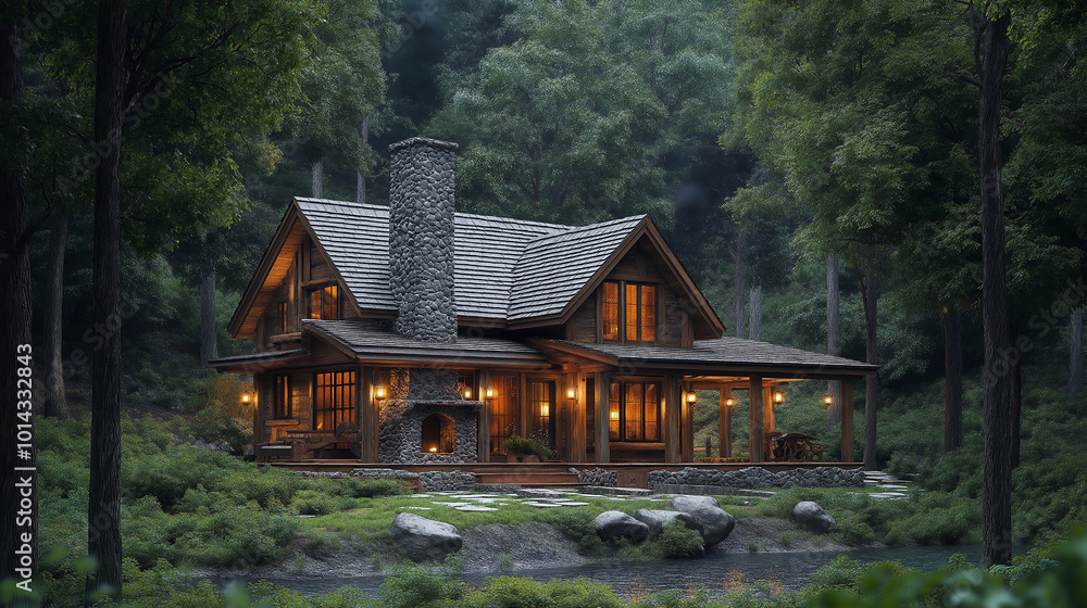 Rustic cabin in a dense forest, featuring wooden textures and a stone fireplace, blending harmoniously with nature Rustic cabin in a dense forest, featuring wooden textures and a stone fireplace, blending harmoniously with nature