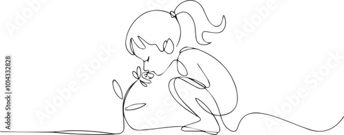 Generate a minimalist continuous line drawing of a young girl crouching down to examine or kiss a flower. The girl's figure is simple, featuring her hair tied in a ponytail, and she is shown interacti