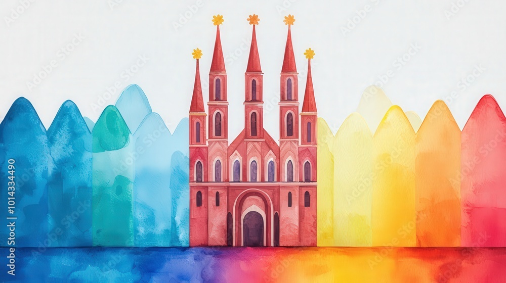 Fototapeta premium Watercolor Painting of Church with Colorful Mountains and Reflection
