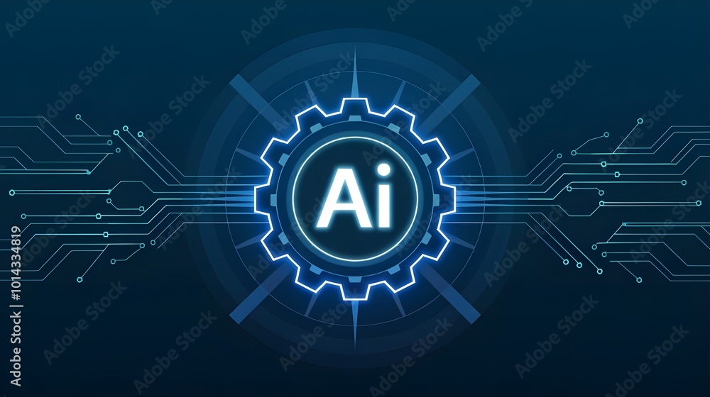 AI symbol embedded within a futuristic, glowing blue gear, connected to a complex circuit board AI symbol embedded within a futuristic, glowing blue gear, connected to a complex circuit board