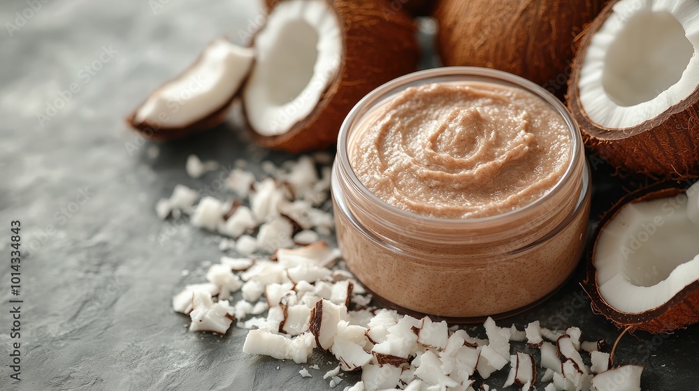Jar of sugar scrub surrounded by coconut pieces on gray surface Jar of sugar scrub surrounded by coconut pieces on gray surface