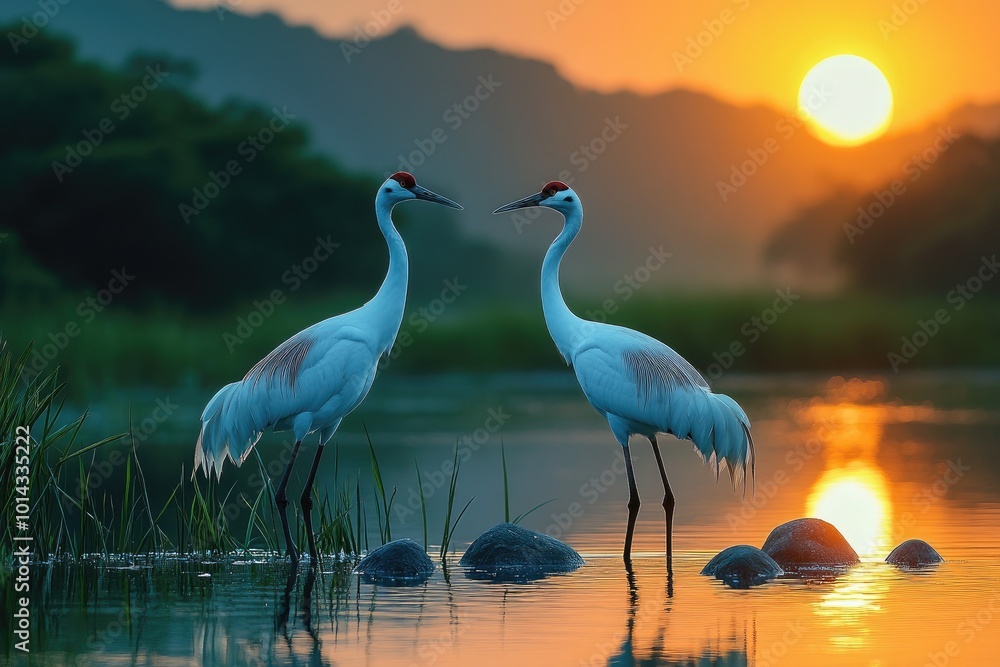 Naklejka premium Two whooping cranes standing on rocks at sunset