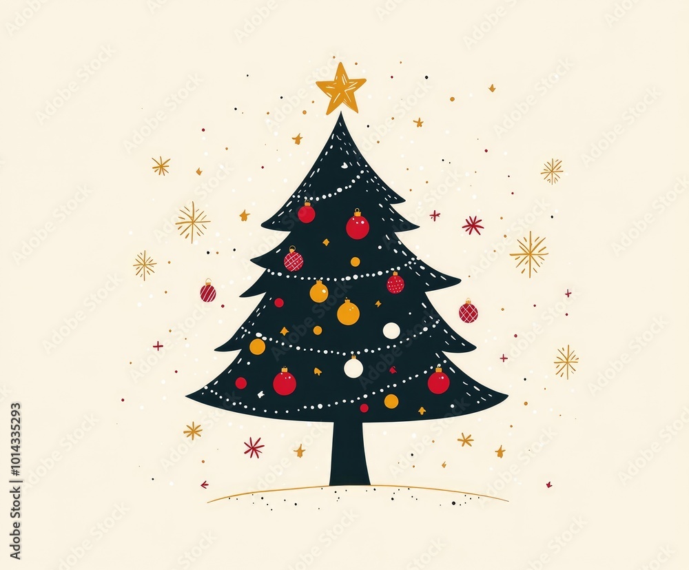 Christmas tree standing in snow with ornaments and star Christmas tree standing in snow with ornaments and star