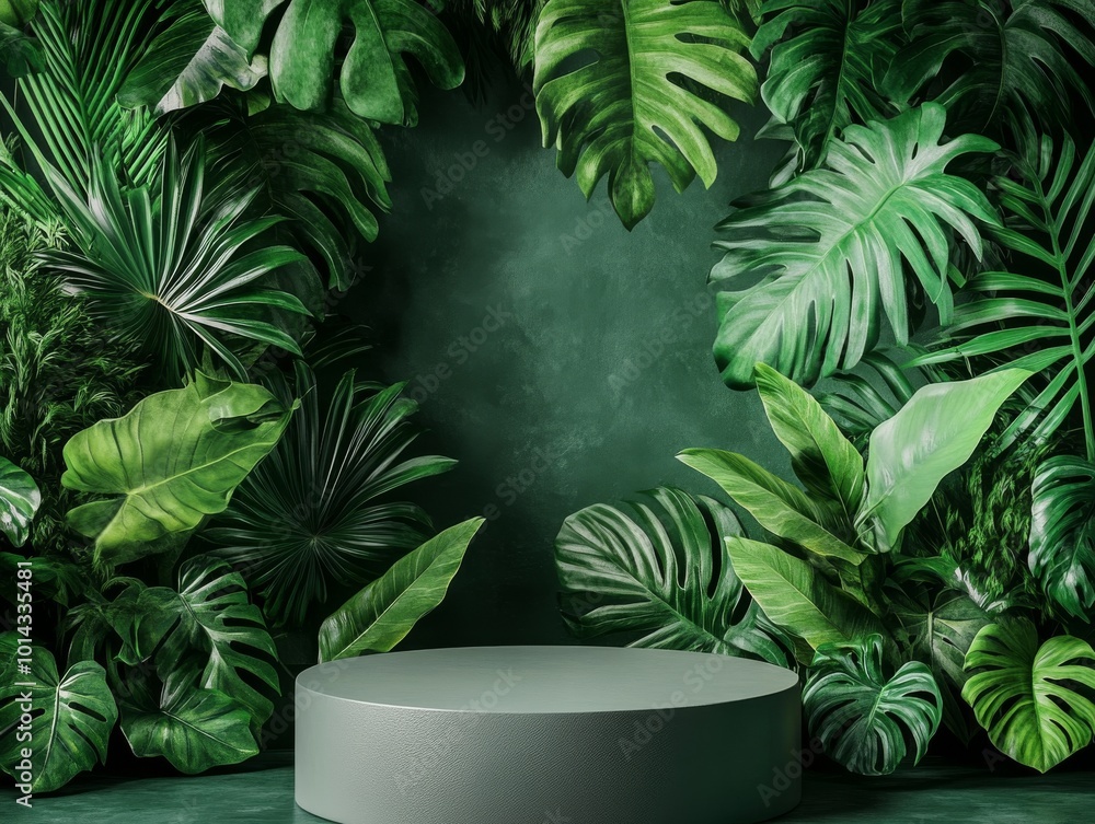 2408 109.A contemporary podium in the foreground, framed by large, leafy green plants. The backdrop is filled with lush foliage, creating a refreshing and natural setting for product displays, 2408 109.A contemporary podium in the foreground, framed by large, leafy green plants. The backdrop is filled with lush foliage, creating a refreshing and natural setting for product displays,