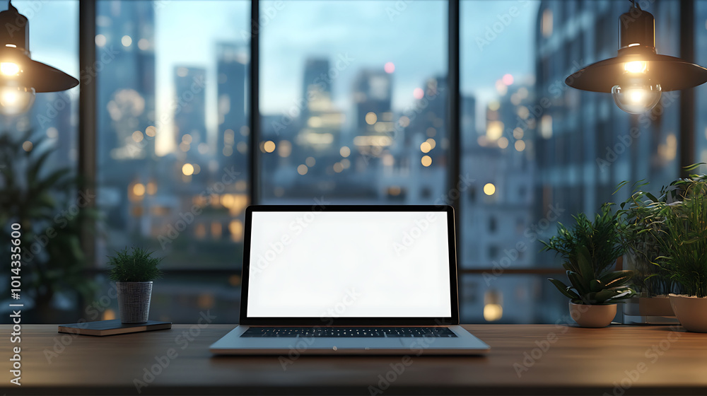 mockup of an open laptop on a modern office desk, with a blank screen ready for design placement, and a blurred cityscape view outside the large window mockup of an open laptop on a modern office desk, with a blank screen ready for design placement, and a blurred cityscape view outside the large window