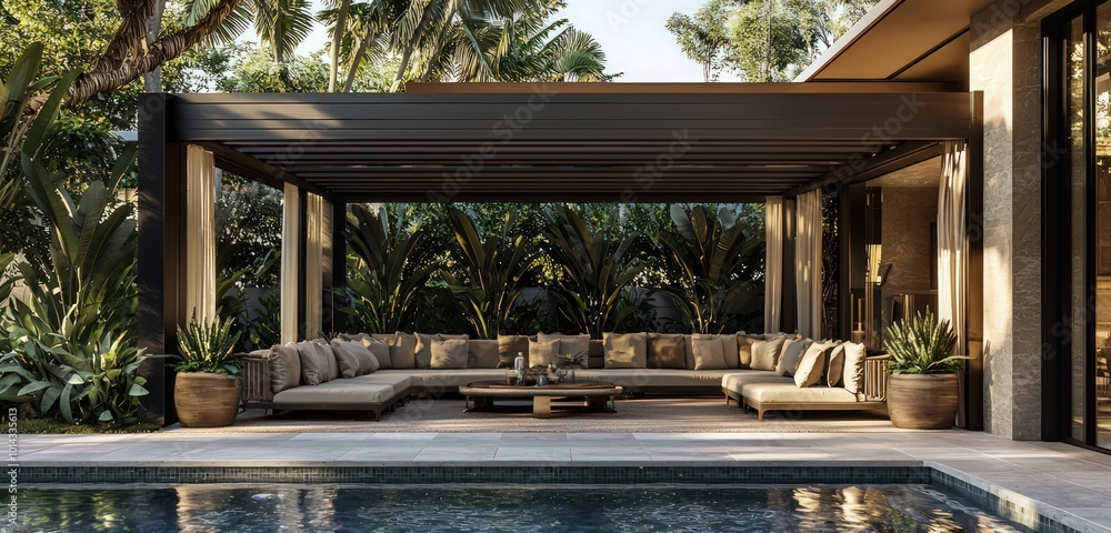 Fototapeta premium A boutique cabana features a smart pergola system and plush seating under tropical planters.