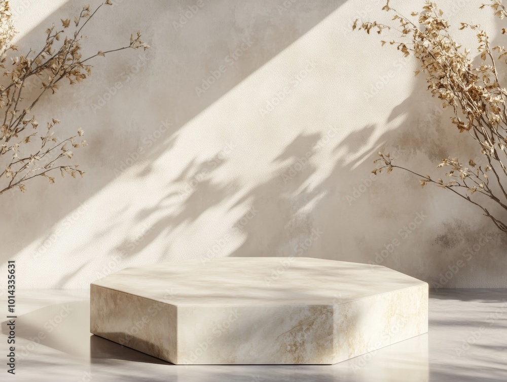 2408 3.A realistic 3D render of a natural stone hexagon podium placed on a smooth surface. The background features subtle wall shadows that add depth to the scene, with soft lighting creating a 2408 3.A realistic 3D render of a natural stone hexagon podium placed on a smooth surface. The background features subtle wall shadows that add depth to the scene, with soft lighting creating a