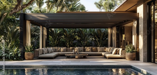 A boutique cabana features a smart pergola system and plush seating under tropical planters.
