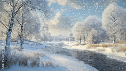Serene Snow-Covered Landscape by a Flowing River