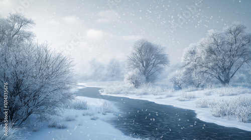 Quiet Winter River with Falling Snow