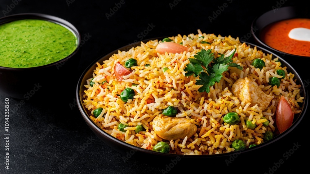 Delicious Chicken Biryani with Green Chutney and Tomato Sauce Delicious Chicken Biryani with Green Chutney and Tomato Sauce