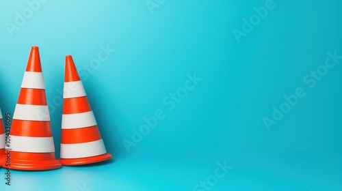 Traffic Cones on Blue Background Safety Construction Minimalist Design