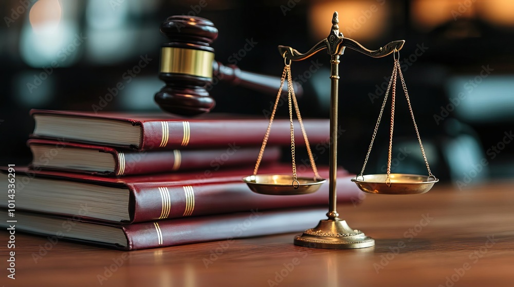 Mallet and legal book with a justice scale on the table, symbolizing the legal profession's integrity.. Mallet and legal book with a justice scale on the table, symbolizing the legal profession's integrity..