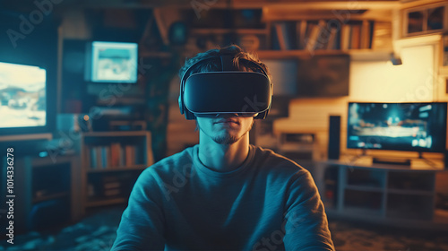 shot of a person wearing a virtual reality headset, immersed in a game, with electronic devices scattered in the background of a modern living space