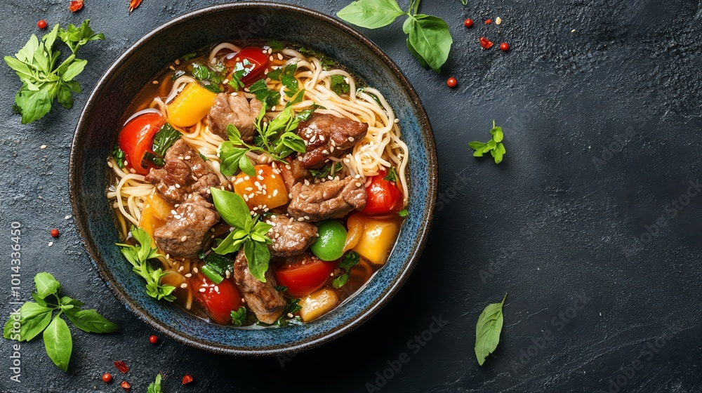 Close-up of a bowl of noodles with meat and vegetables on a dark background. Close-up of a bowl of noodles with meat and vegetables on a dark background.