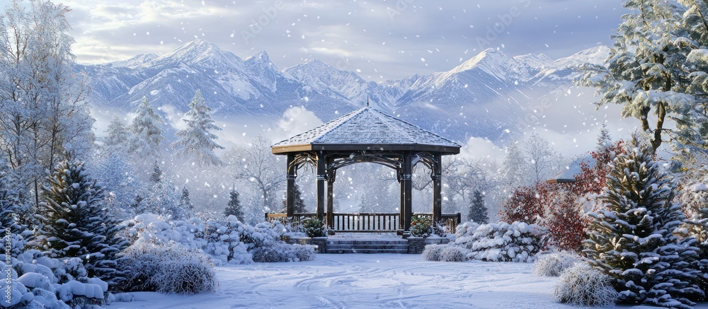 Pergola in a winter garden with snow-covered mountains, offering a unique scenic view. Pergola in a winter garden with snow-covered mountains, offering a unique scenic view.