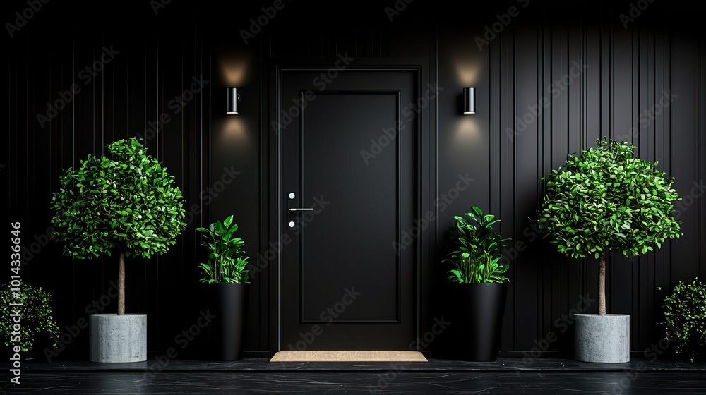 Black front door of a black house, framed by surrounding trees, offering a bold architectural concept.. Black front door of a black house, framed by surrounding trees, offering a bold architectural concept..