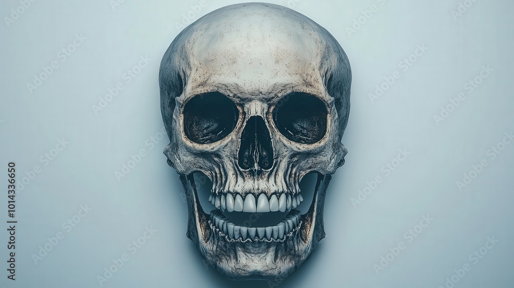 Human Skull with Teeth on Blue Background Anatomical Halloween Medical Illustration Human Skull with Teeth on Blue Background Anatomical Halloween Medical Illustration