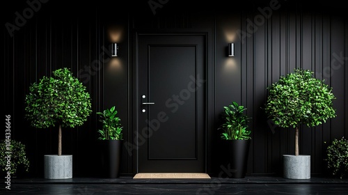 Black front door of a black house, framed by surrounding trees, offering a bold architectural concept..
