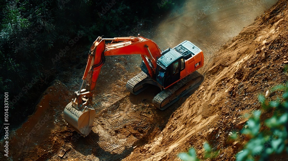 Aerial view of heavy machinery on a building construction site, illustrating the scale of modern engineering.. Aerial view of heavy machinery on a building construction site, illustrating the scale of modern engineering..