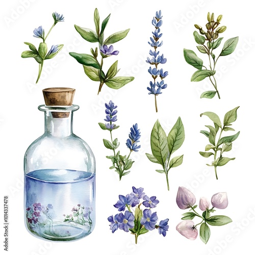 Watercolor Illustration of Lavender and Other Flowers in a Glass Bottle with a Cork.