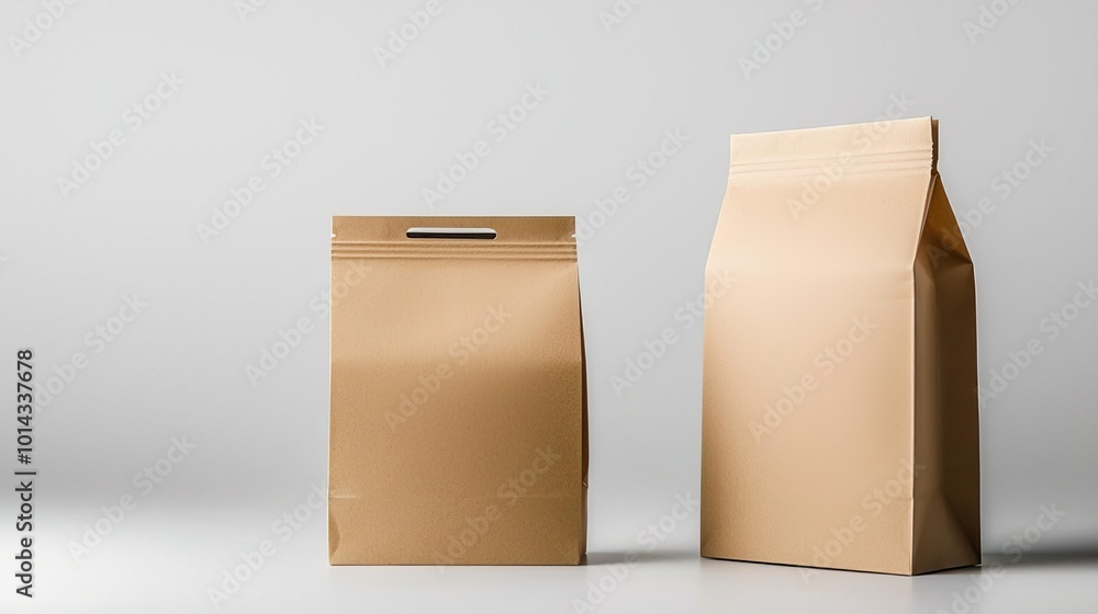 Brown paper bag packaging template, front and back views isolated on a white background for product mockup.. Brown paper bag packaging template, front and back views isolated on a white background for product mockup..