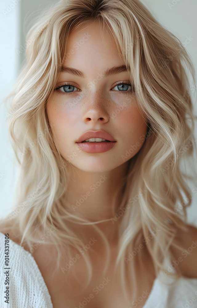 Beautiful blonde woman with wavy hair posing for the camera, light background, hair is perfectly styled and voluminous, her eyes are blue in color
Beautiful blonde woman with wavy hair posing for the camera, light background, hair is perfectly styled and voluminous, her eyes are blue in color