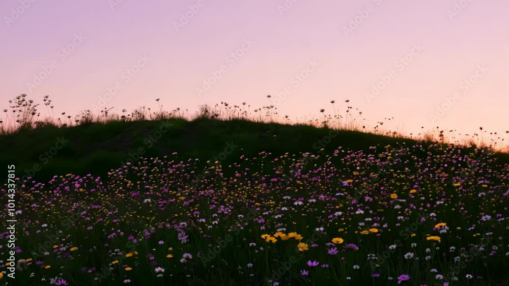 custom made wallpaper toronto digitalA sprawling meadow filled with wildflowers in various colors is set against a soft pink sunrise sky. The slope of the hill adds depth to the scene enhancing the feeling of tranquility and beauty.