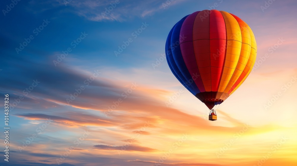 Fototapeta premium A hot air balloon floating in the sky during golden hour, with the sunlight illuminating the vibrant colors of the balloon as it drifts peacefully