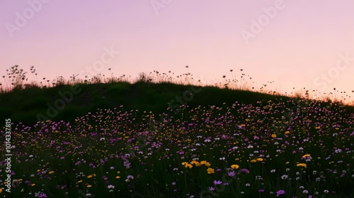 Wallpaper Mural A sprawling meadow filled with wildflowers in various colors is set against a soft pink sunrise sky. The slope of the hill adds depth to the scene enhancing the feeling of tranquility and beauty. Torontodigital.ca