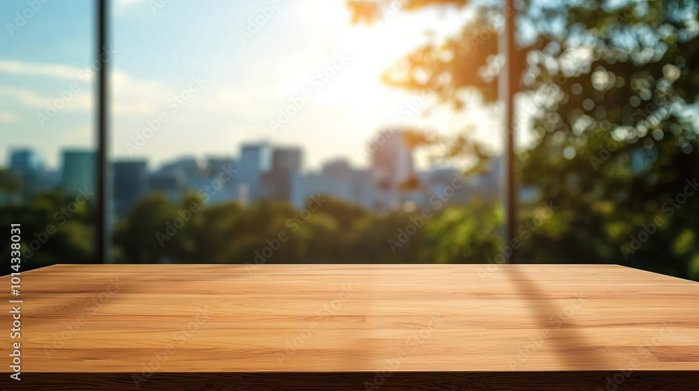 A wooden table set in a light office environment with panoramic windows, emphasizing a bright and open workspace.. A wooden table set in a light office environment with panoramic windows, emphasizing a bright and open workspace..