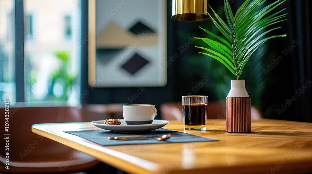 Eclectic dining room with a sharing table, abstract paintings, gold pendant lamp, and tropical leaves in a vase.. Eclectic dining room with a sharing table, abstract paintings, gold pendant lamp, and tropical leaves in a vase..