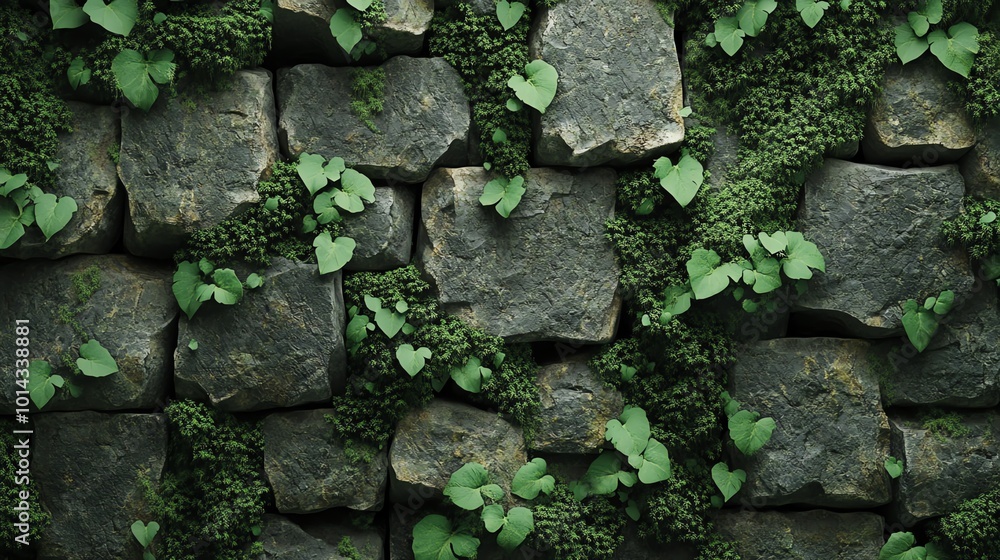 Close-up of a stone wall covered with green moss and leaves. Close-up of a stone wall covered with green moss and leaves.
