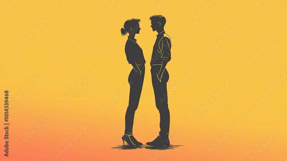 Simply Striking: Retro Illustration of Beautiful Gay Couple in Minimalist Studio Setting
