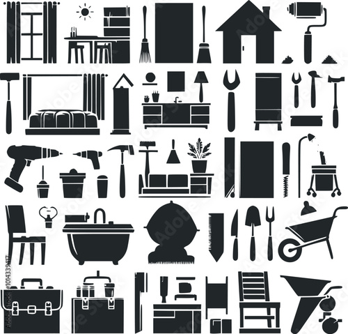 Construction Engineering tools items icons set Working tools technology silhouette vector art stock image photo generated Ai photo