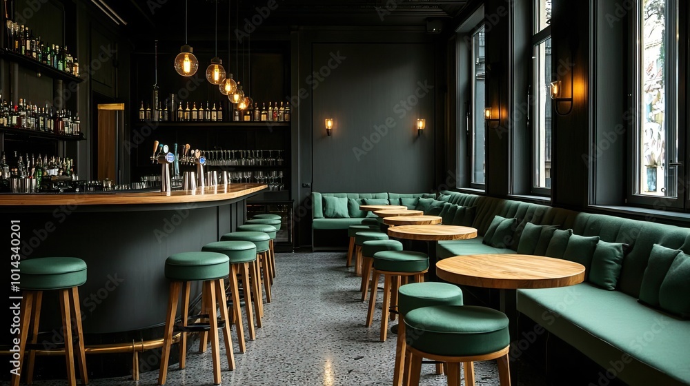 A dark gray wall bar interior is complemented by green sofas for a modern lounge vibe.. A dark gray wall bar interior is complemented by green sofas for a modern lounge vibe..