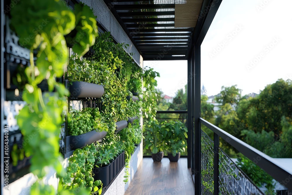 Hydroponic plant systems in a vertical garden under a pergola for urban spaces.