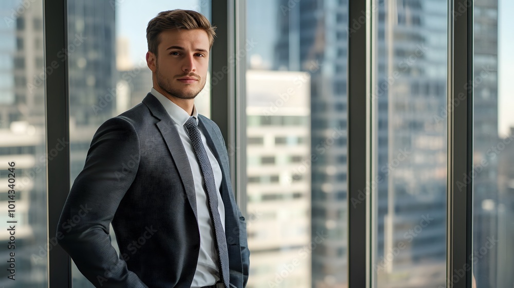 Young Man in Suit Standing by a Window with Cityscape in Background Young Man in Suit Standing by a Window with Cityscape in Background