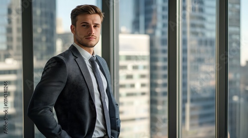 Young Man in Suit Standing by a Window with Cityscape in Background photo