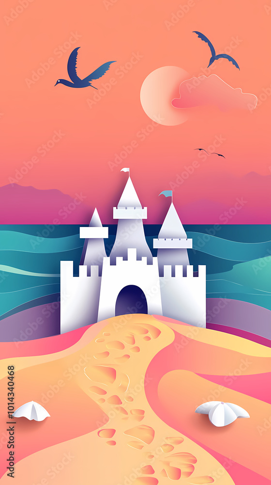 Paper art summer beach background with sand castle in sunset time view paper cut style vector Paper art summer beach background with sand castle in sunset time view paper cut style vector