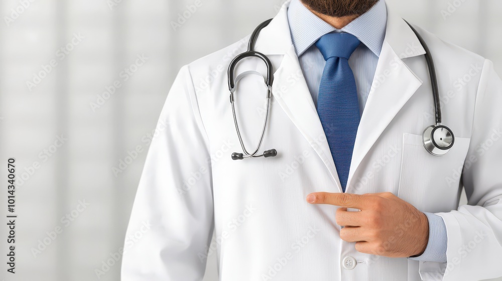 Doctor in White Coat Pointing to Stethoscope Doctor in White Coat Pointing to Stethoscope