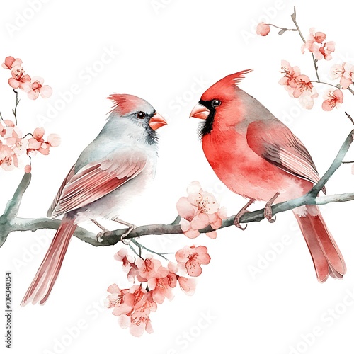 Fototapeta Naklejka Na Ścianę i Meble -  Watercolor Illustration of Two Cardinals on a Branch with Pink Flowers.