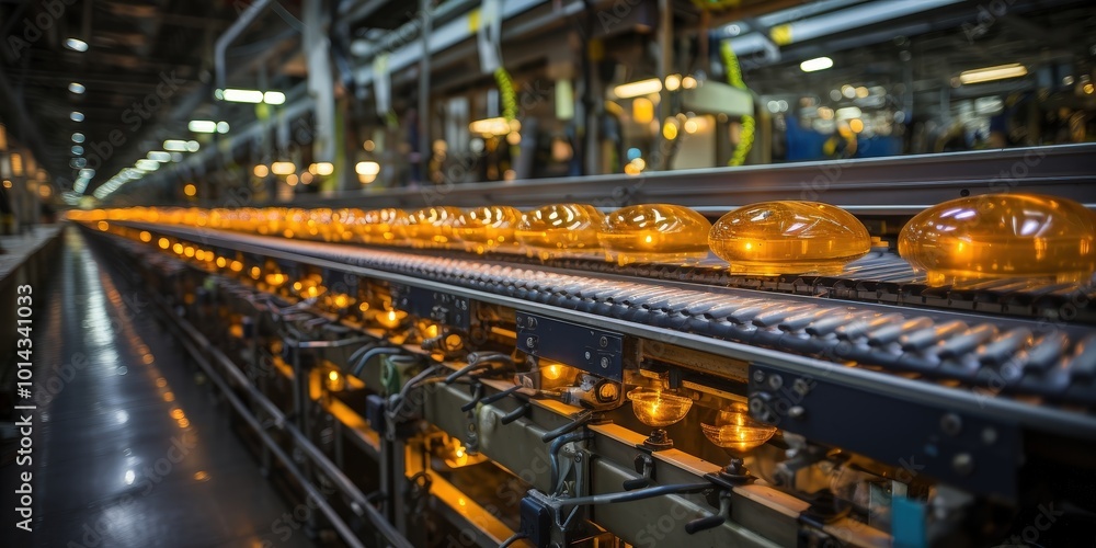 Naklejka premium A row of glowing amber objects travel on a conveyor belt in an industrial setting, revealing the intricate machinery and a glimpse of a busy production line.